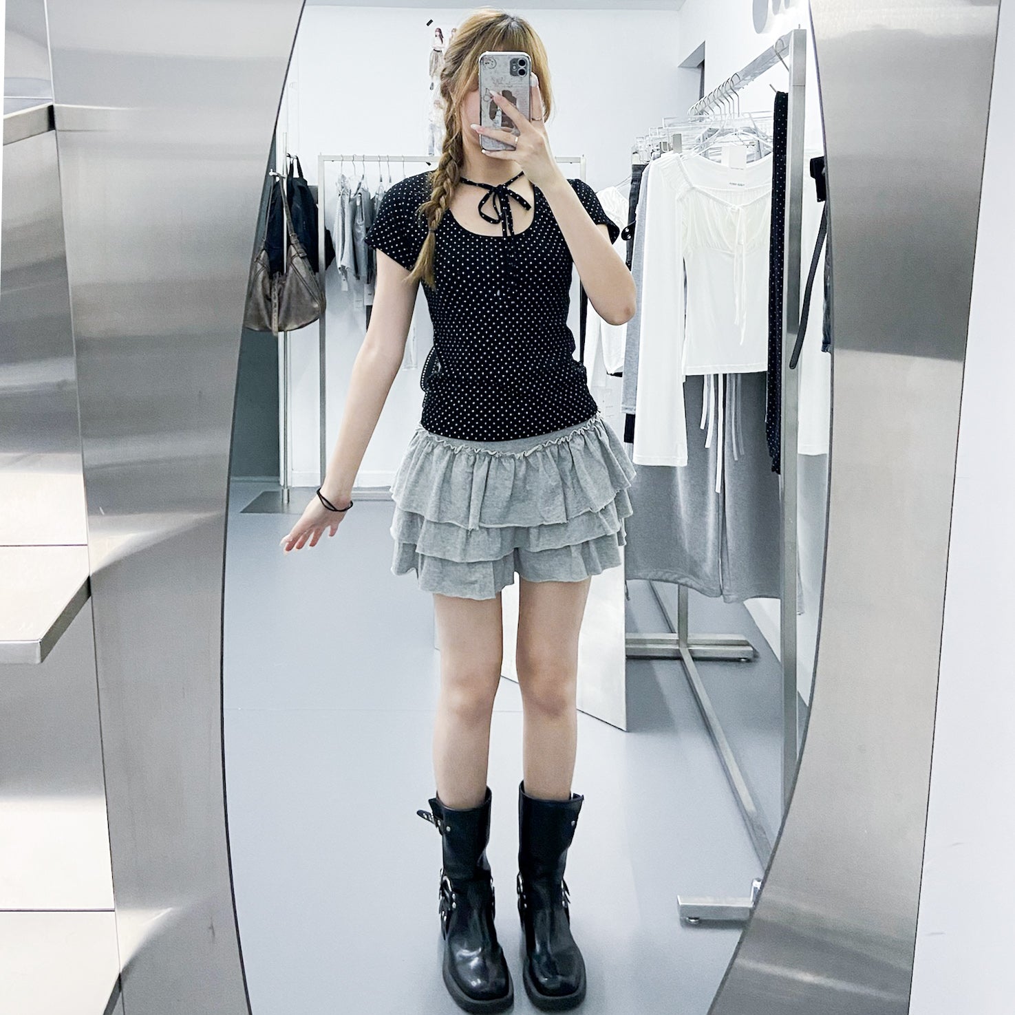 DOT DOT RIBBON SEMI CROP TOP/ 2色