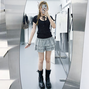 DOT DOT RIBBON SEMI CROP TOP/ 2色