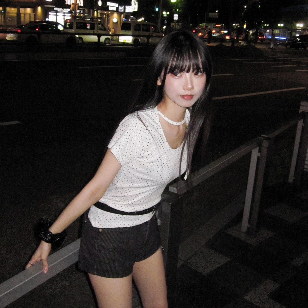 DOT DOT RIBBON SEMI CROP TOP/ 2色