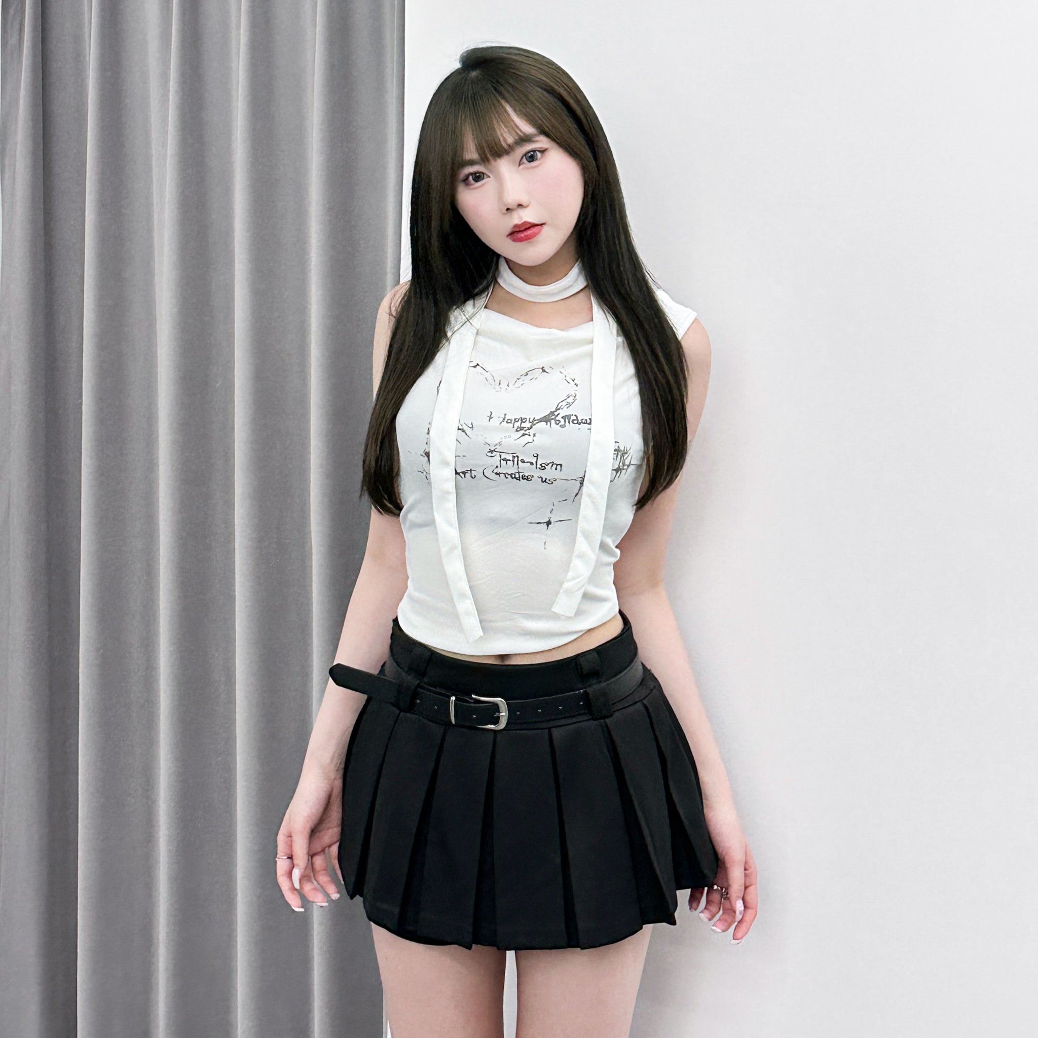 [SET] PLEATED SKIRT PANTS WITH BELT/ 1色