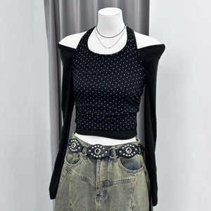 [SET] DOT DOT HALTER TOP LAYERED LONG SLEEVE SET/ 3色