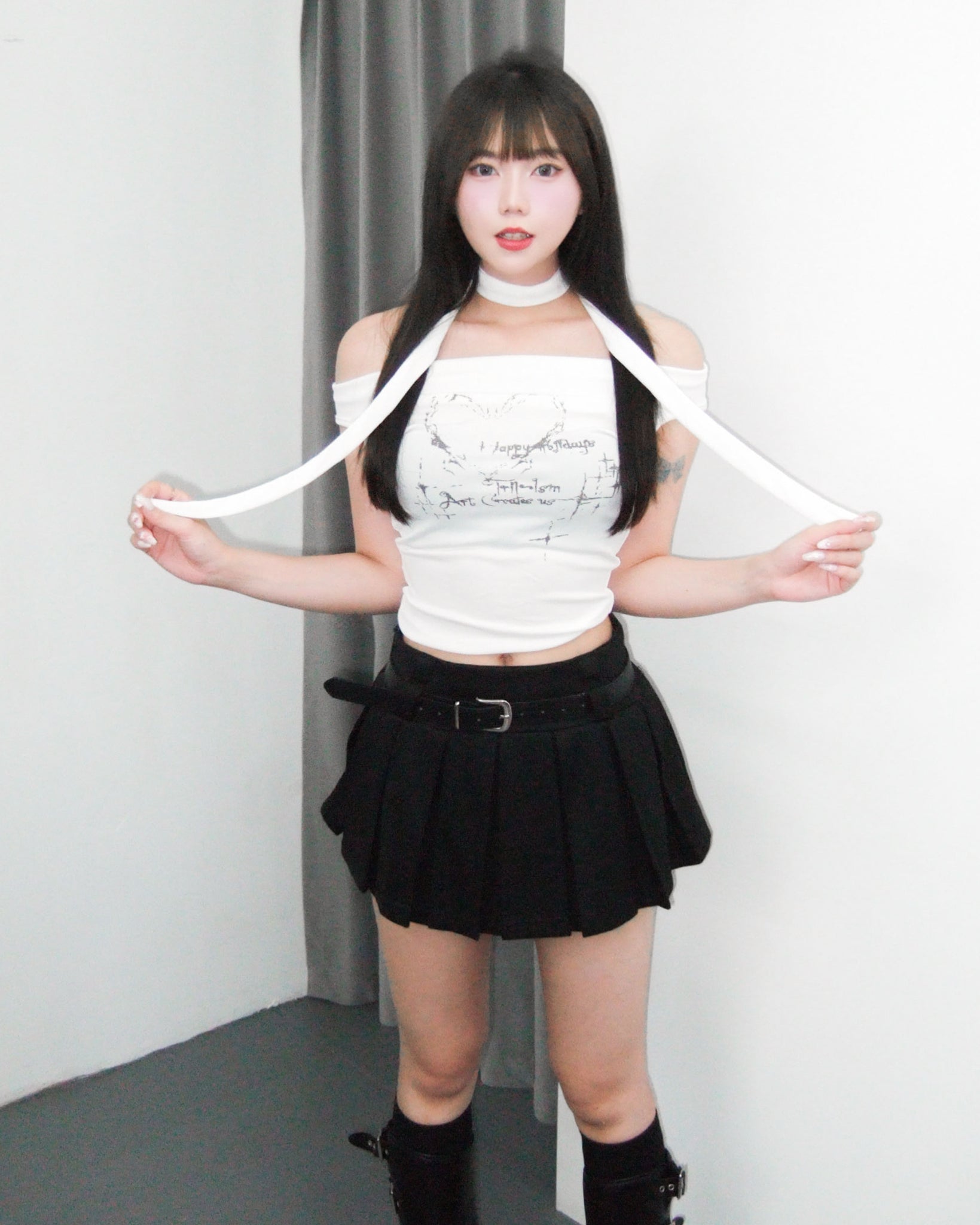 [SET] PLEATED SKIRT PANTS WITH BELT/ 1色