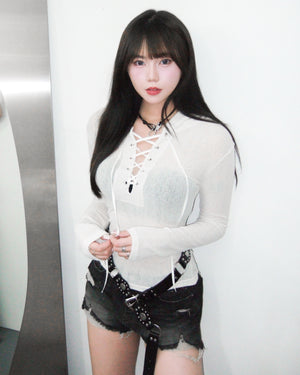 SEE- THROUGH HOODED LONG SLEEVE TOP/ 2色