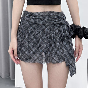 [冰感絲滑料] SLIM CHECKERED SKIRT PANTS WITH LACE BELT/ 1色