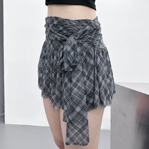 [冰感絲滑料] SLIM CHECKERED SKIRT PANTS WITH LACE BELT/ 1色