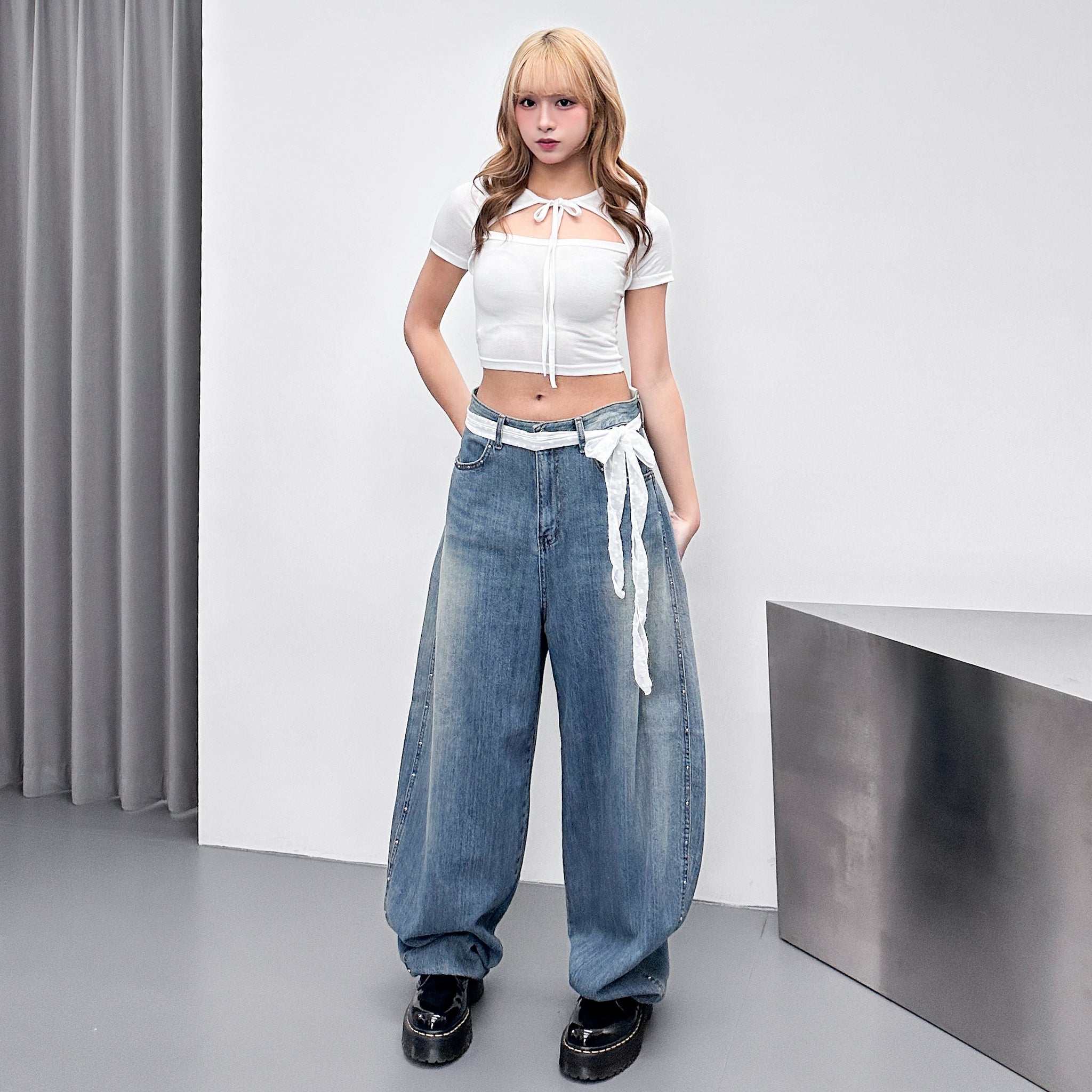 [BEST] SUMMER銀釘SLUB竹節棉輕盈薄款BALLOON DENIM PANTS/ 1色