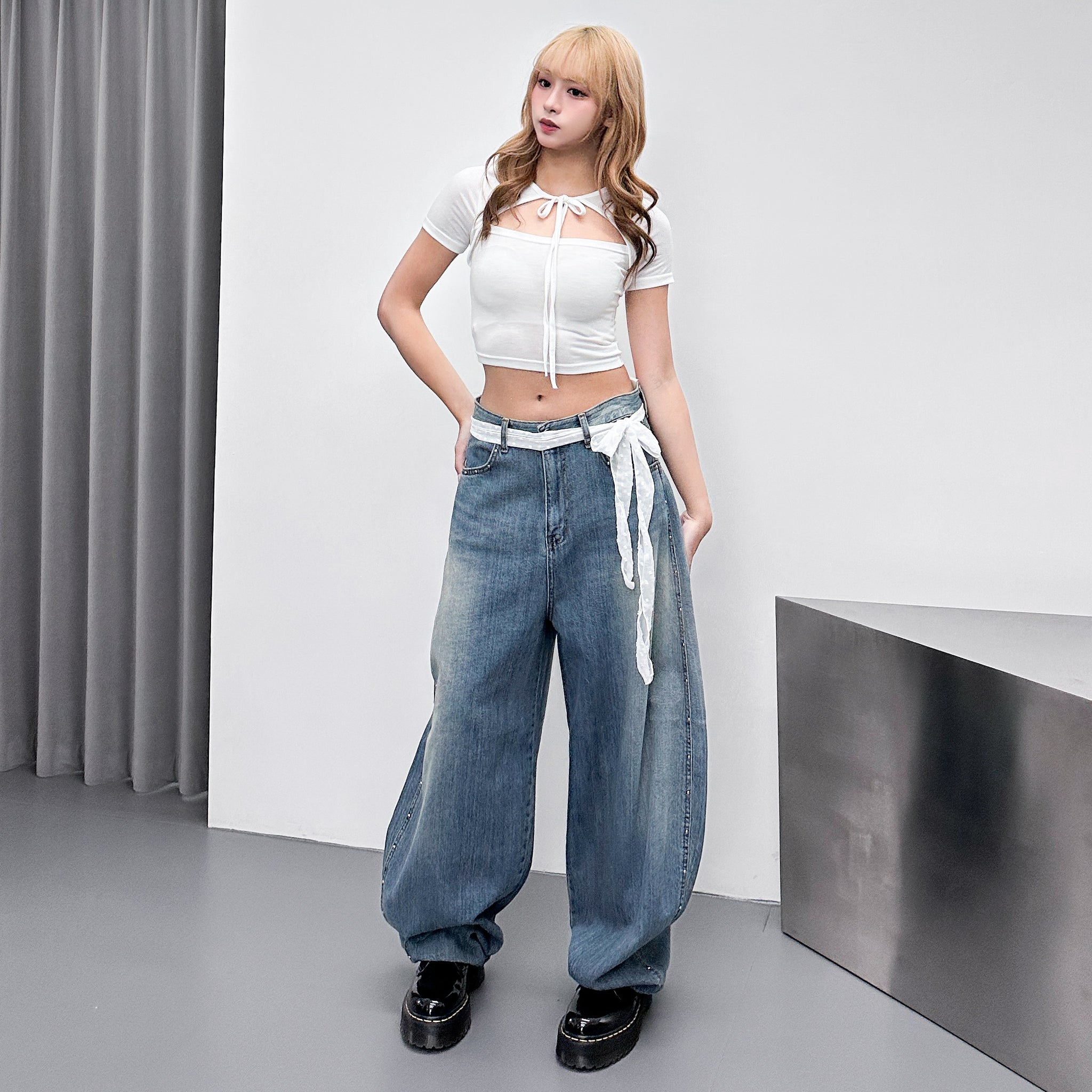 [BEST] SUMMER銀釘SLUB竹節棉輕盈薄款BALLOON DENIM PANTS/ 1色