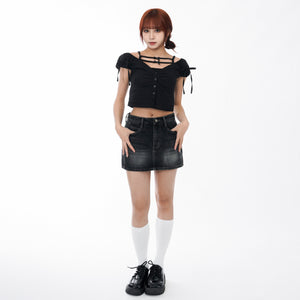 RIBBON PUFF BUTTON CROP TEE/ 2色