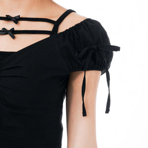 RIBBON PUFF BUTTON CROP TEE/ 2色