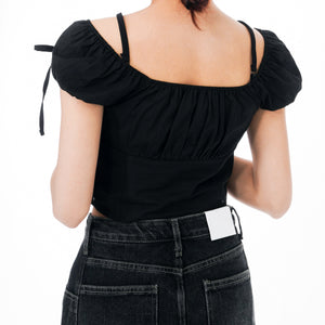 RIBBON PUFF BUTTON CROP TEE/ 2色