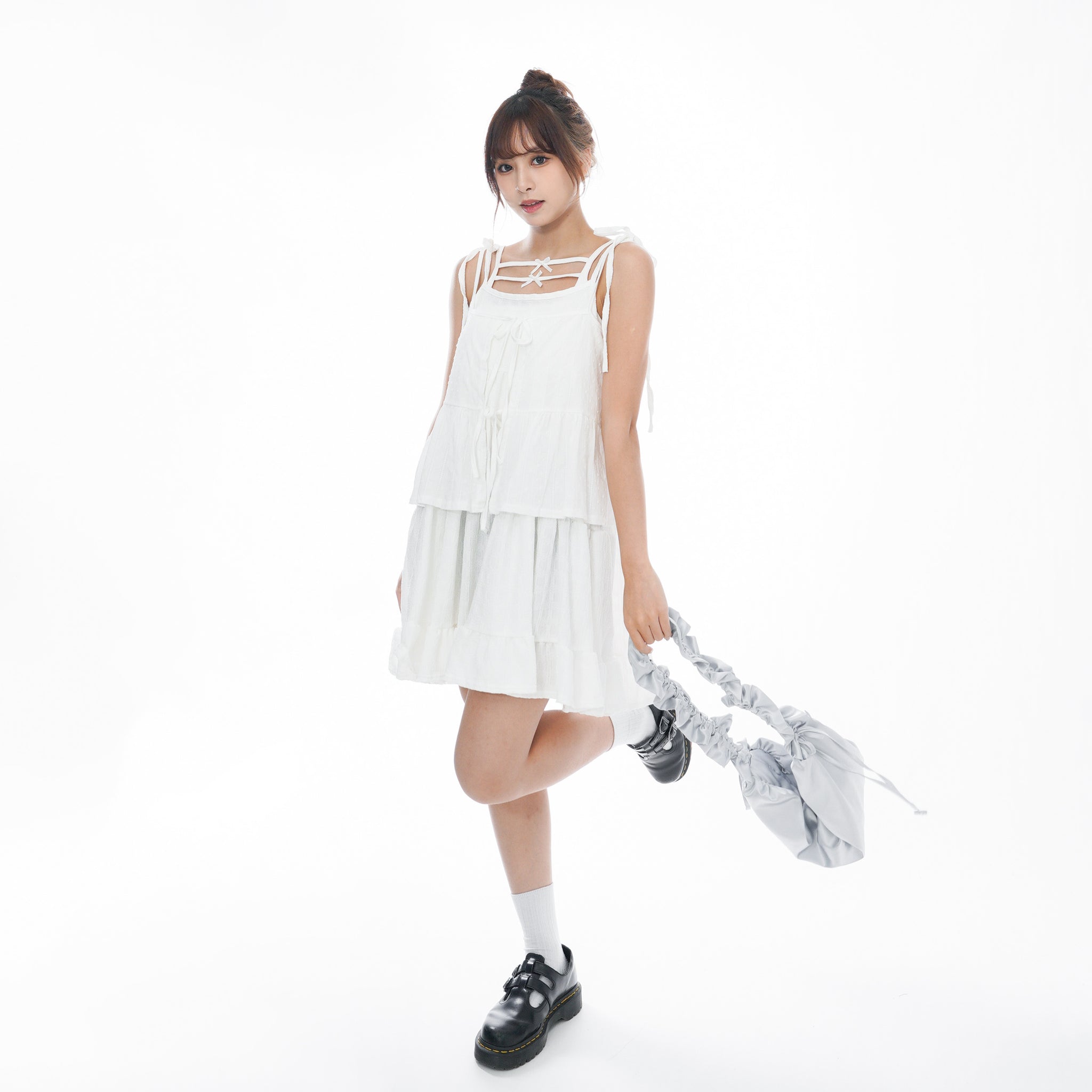 WRINKLE RIBBON STRAP SLEEVELESS DRESS/ 2色
