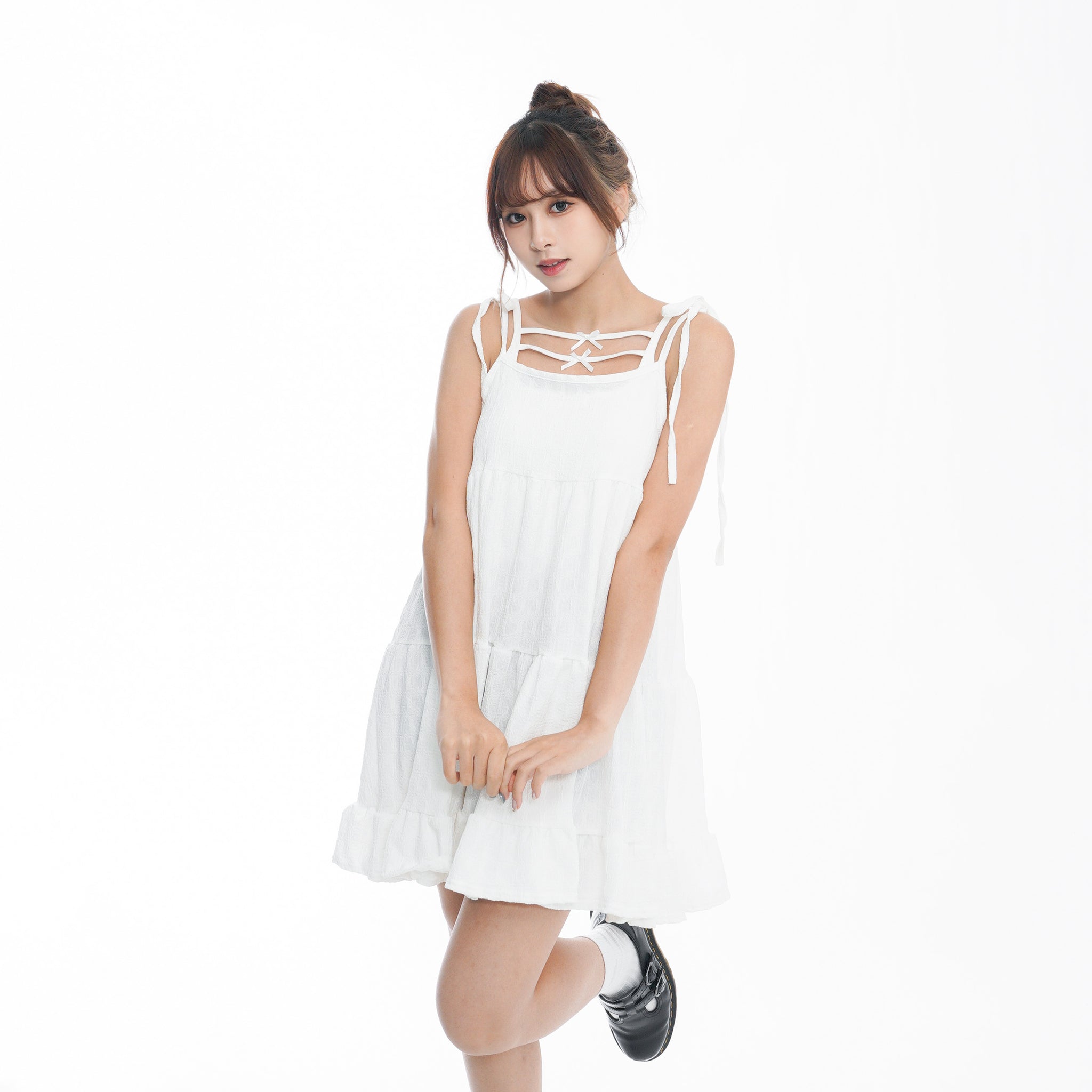WRINKLE RIBBON STRAP SLEEVELESS DRESS/ 2色