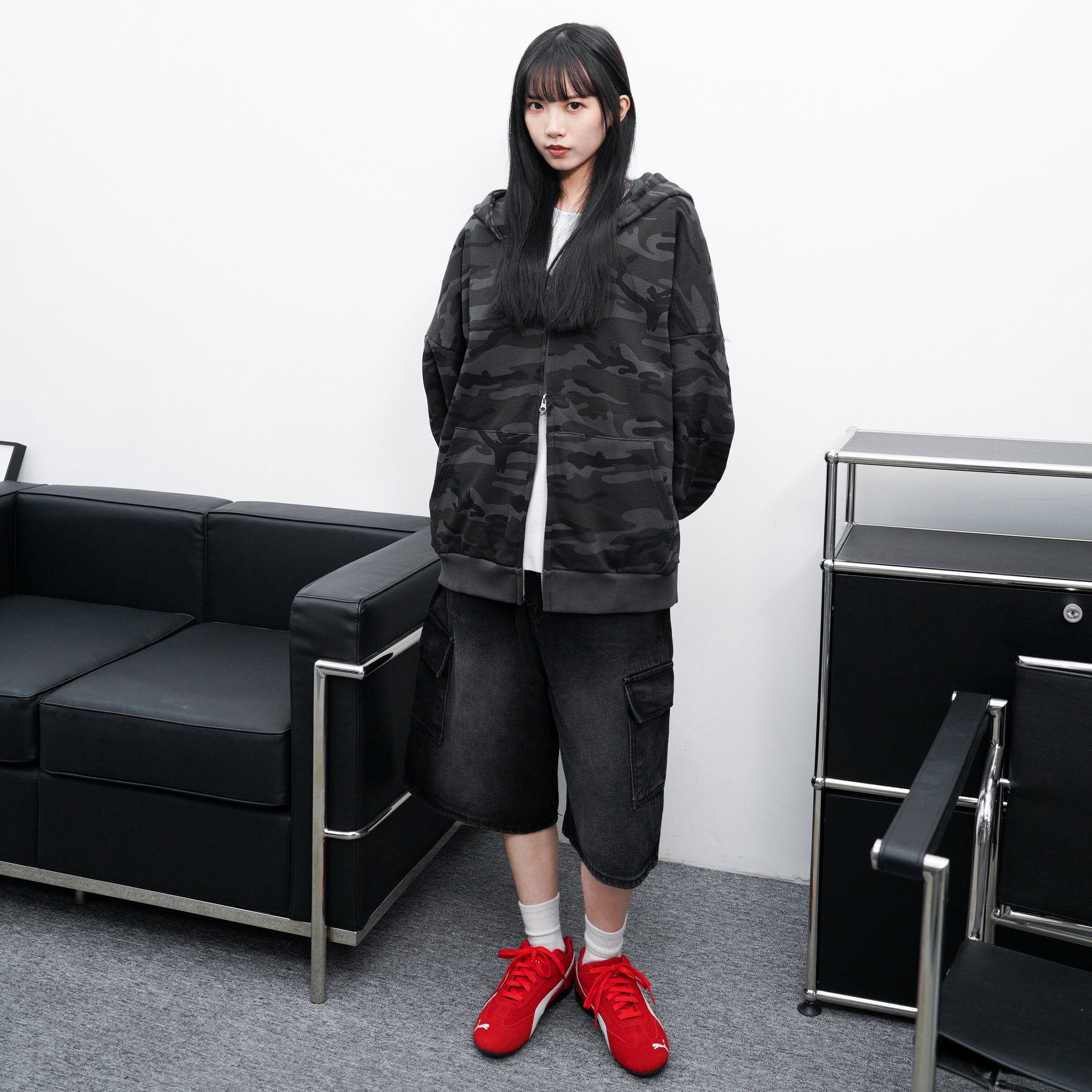 [BEST] BUTTONED CARGO BERMUDA DENIM PANTS/ 2色