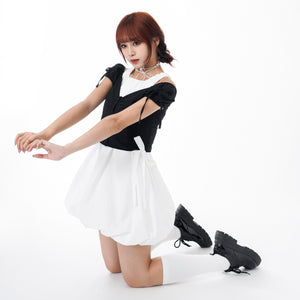 RIBBON PUFF BUTTON CROP TEE/ 2色