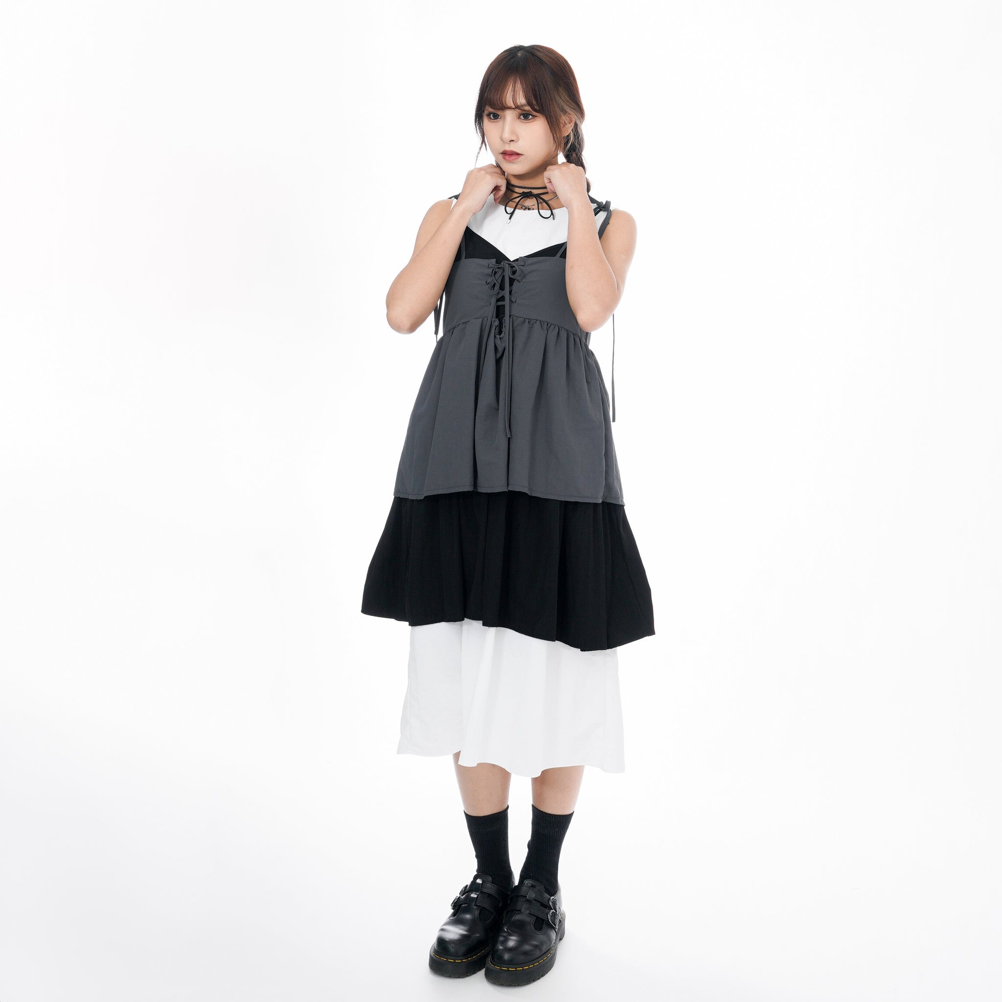 2WAY 3RIBBONS TANK TOP LAYERED DRESS/ 2色