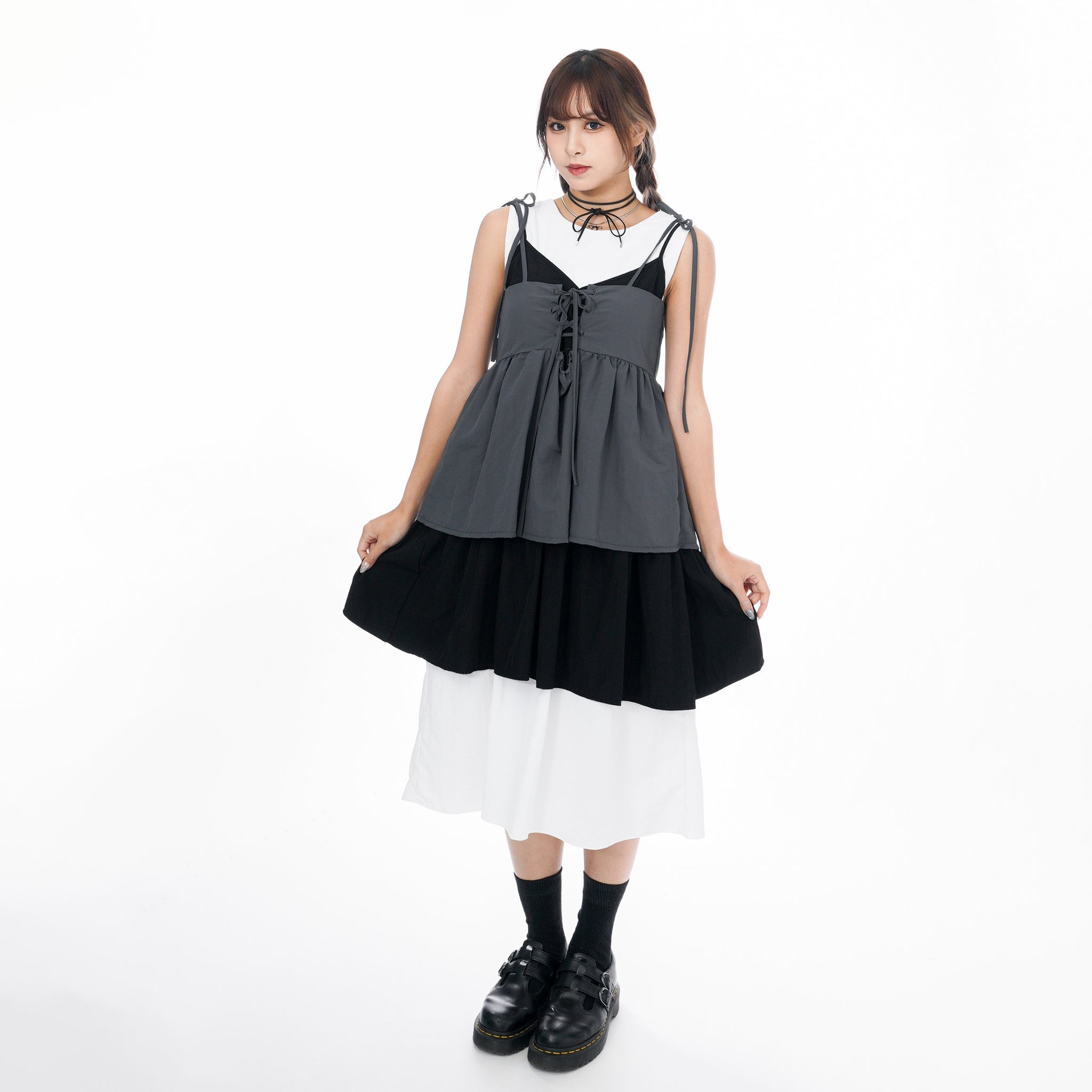 2WAY 3RIBBONS TANK TOP LAYERED DRESS/ 2色
