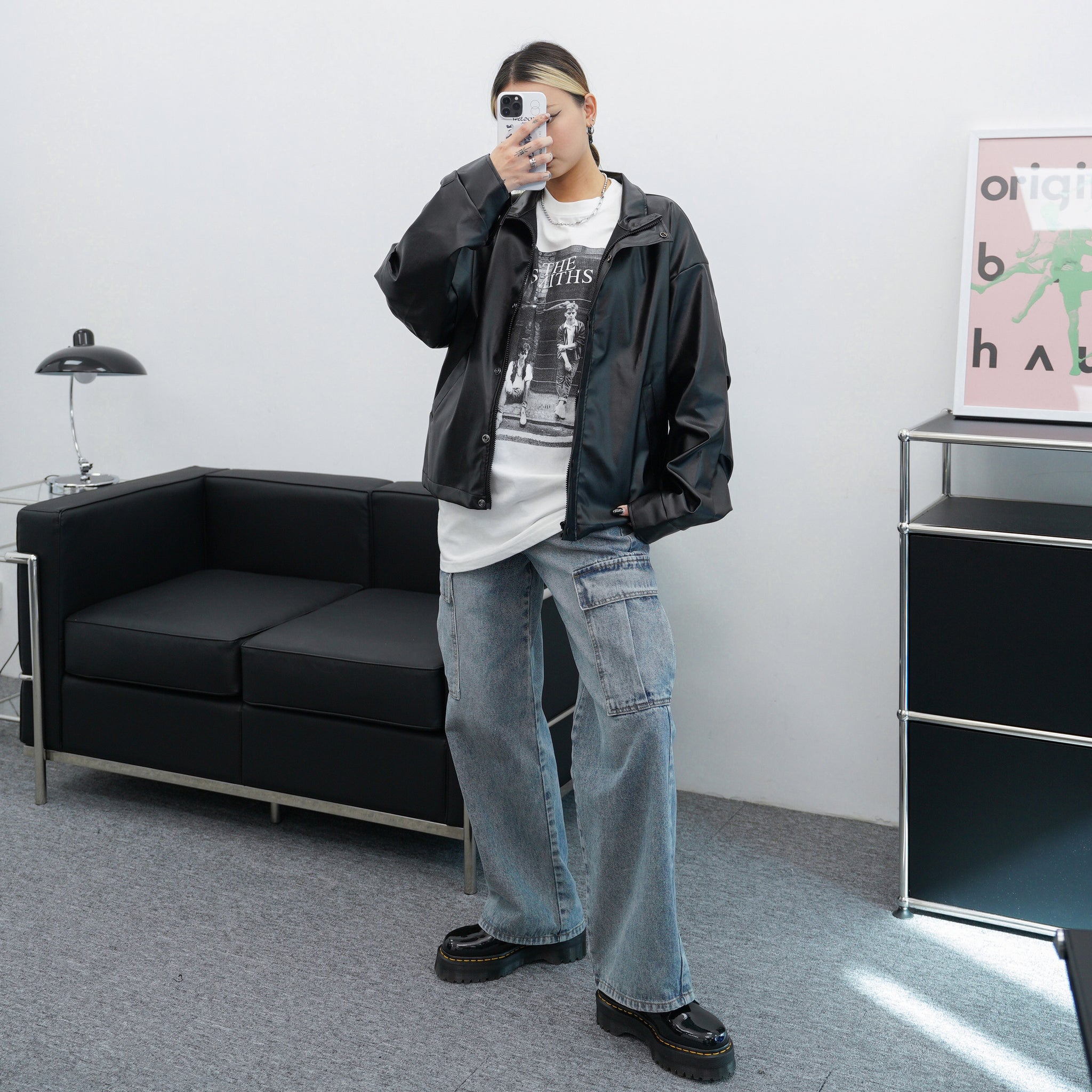 [UNISEX] 啪啪鈕Street Style Pin-tuck Leather Jacket/ 1色