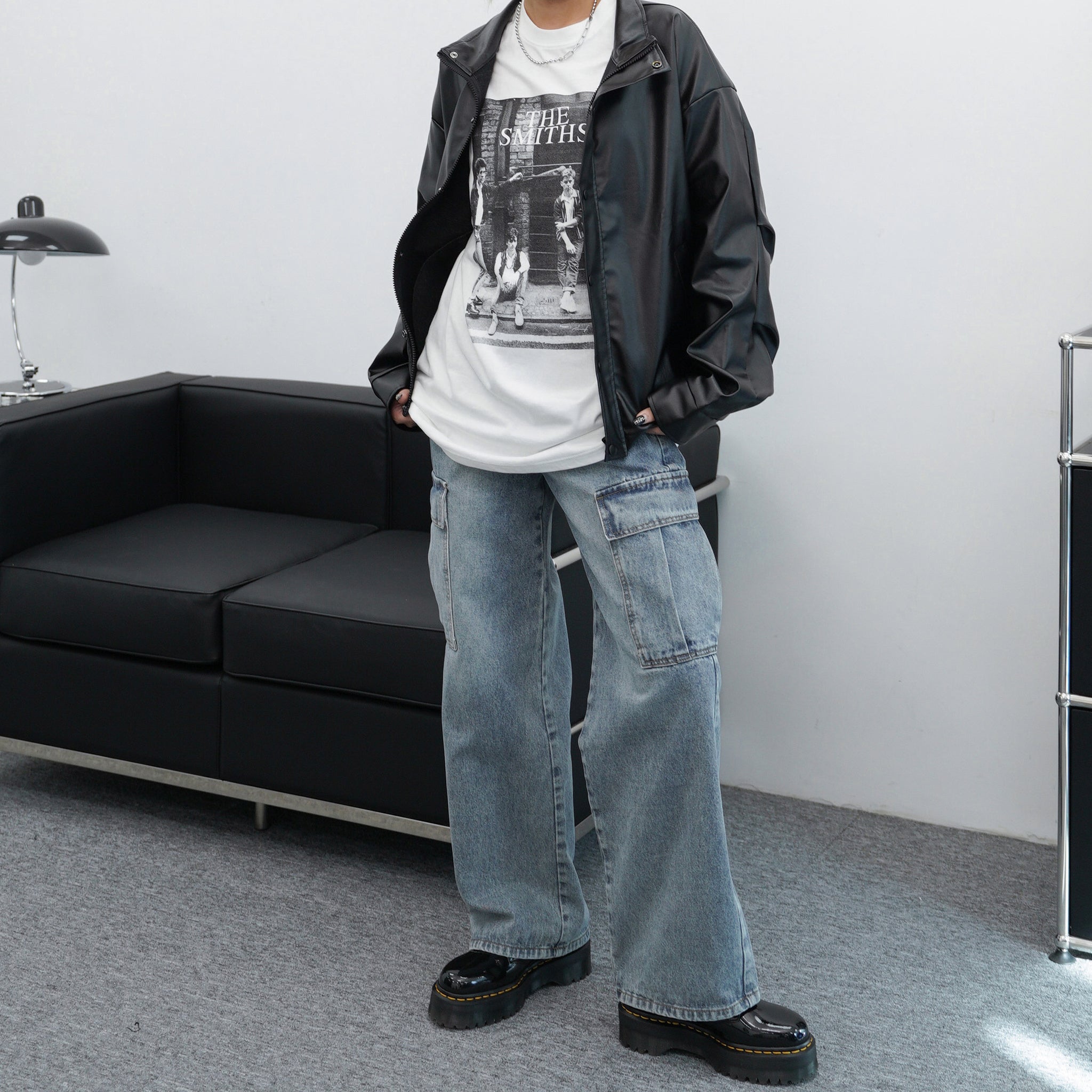 [UNISEX] 啪啪鈕Street Style Pin-tuck Leather Jacket/ 1色