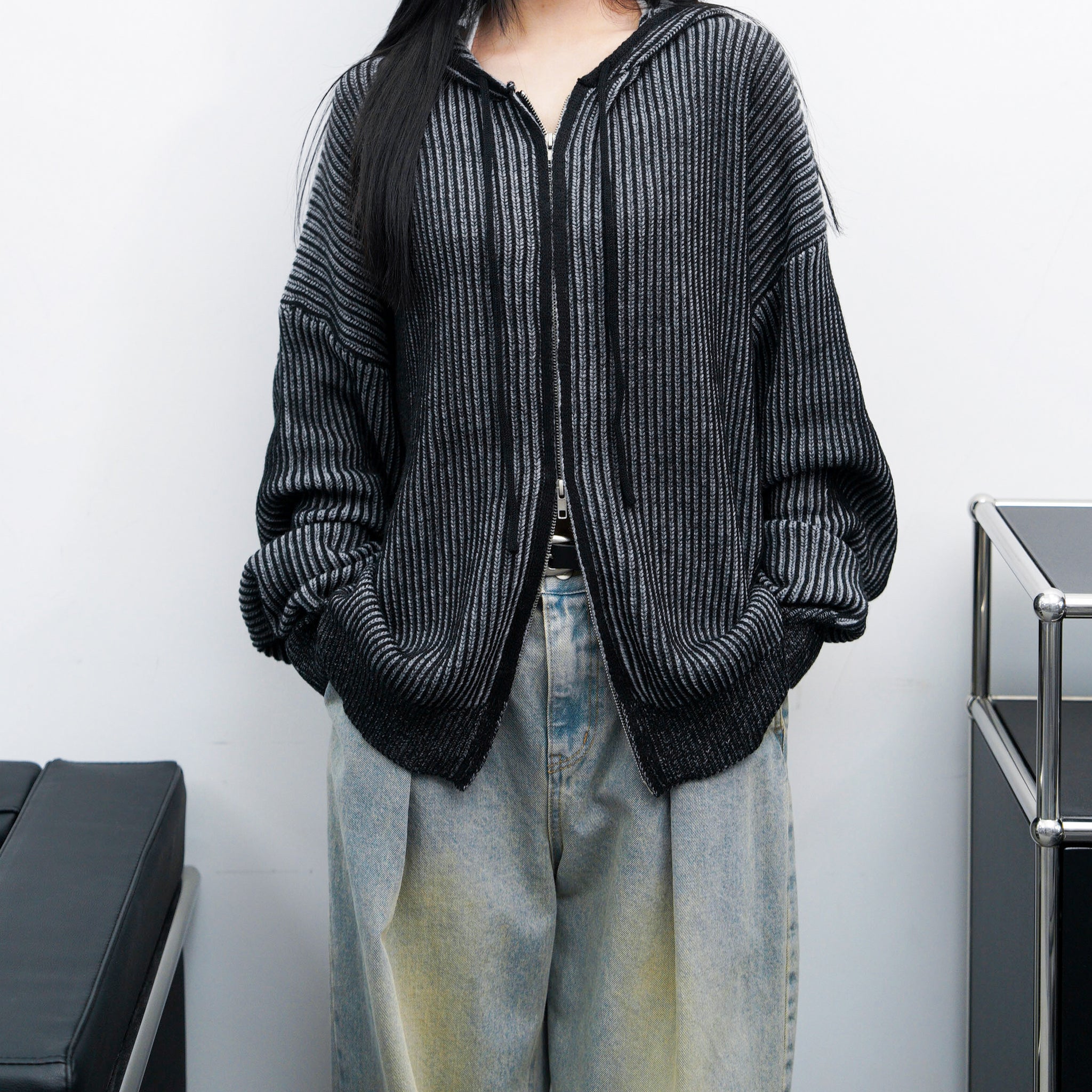 [UNISEX] 2WAY ZIP-UP KNIT HOODIE/ 2色