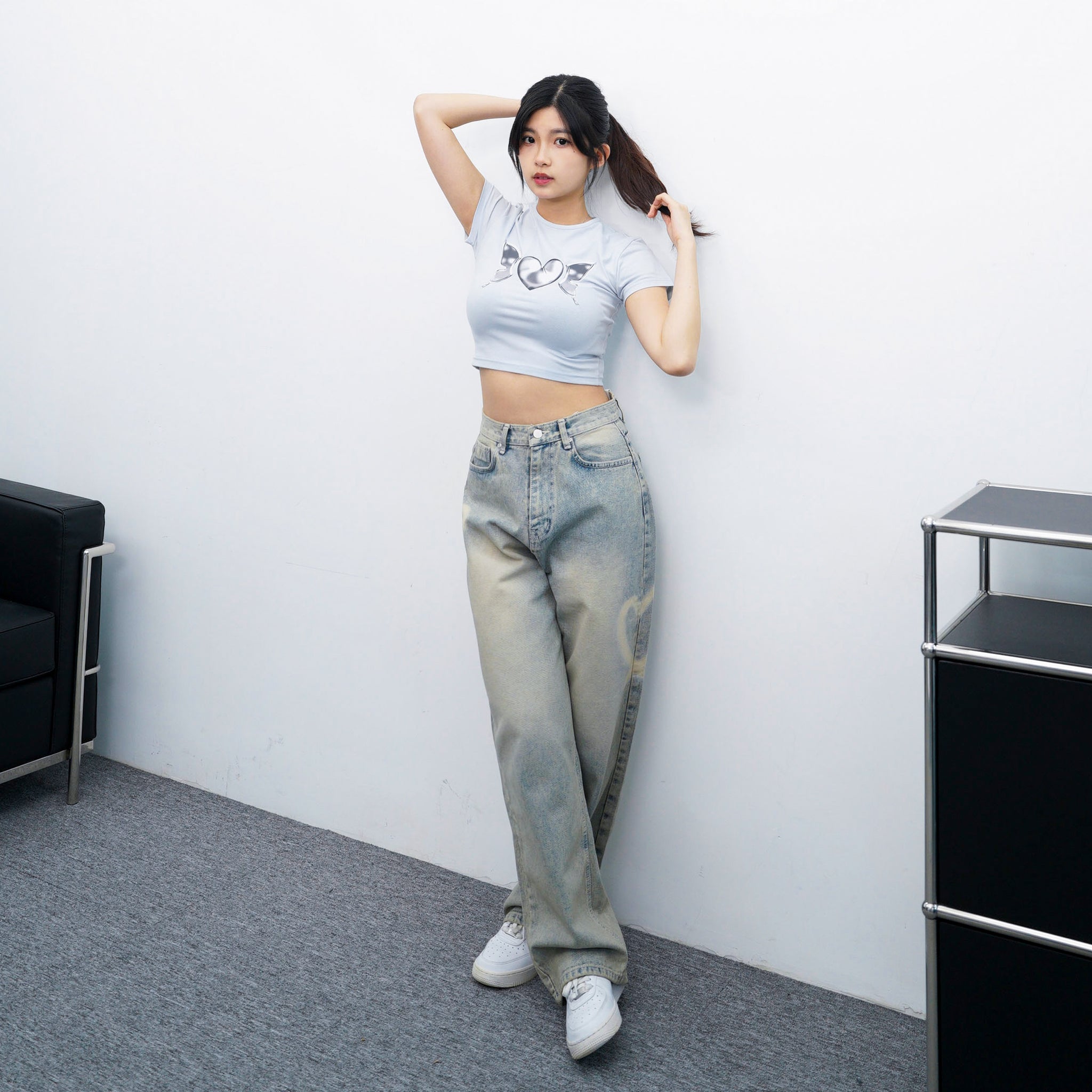 [極高腰] HEART GRAFFITI VINTAGE DENIM PANTS/ 2色