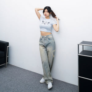 [極高腰] HEART GRAFFITI VINTAGE DENIM PANTS/ 2色