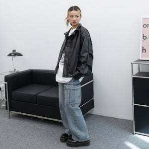 [UNISEX] 啪啪鈕Street Style Pin-tuck Leather Jacket/ 1色
