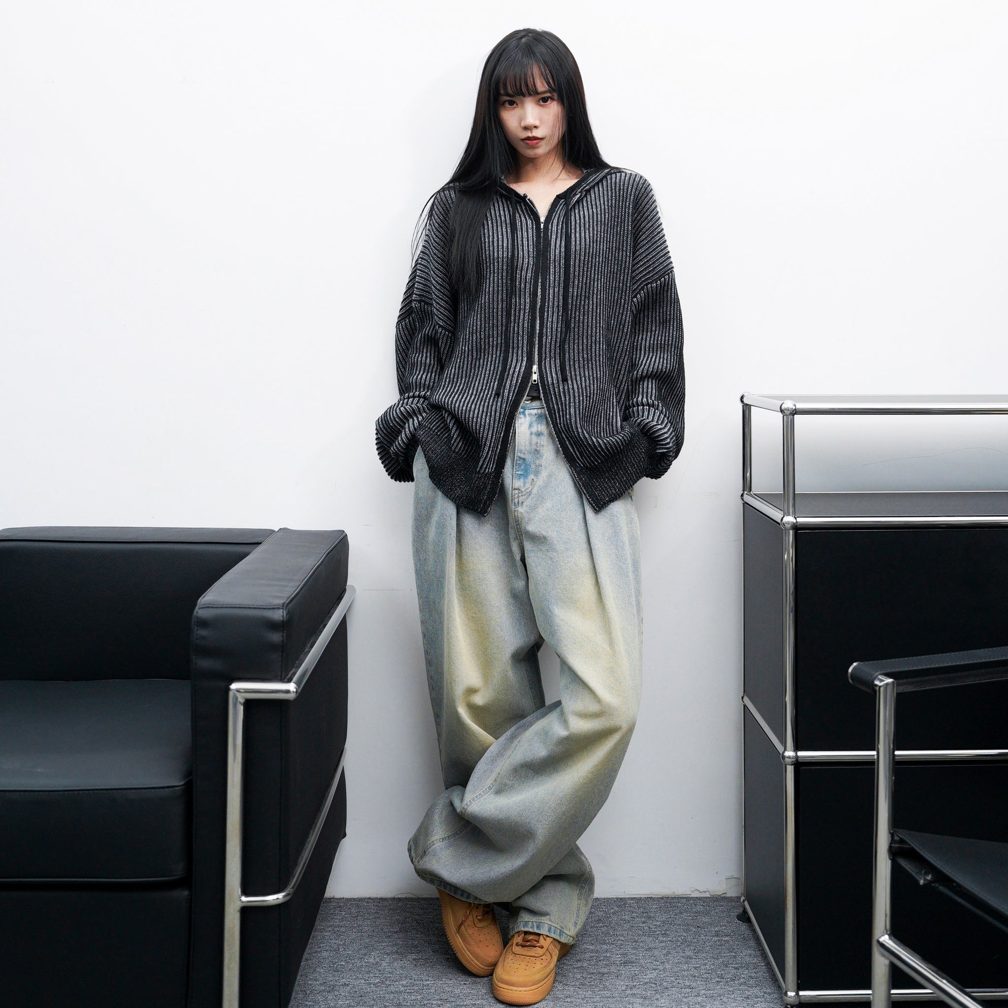 [UNISEX] 2WAY ZIP-UP KNIT HOODIE/ 2色