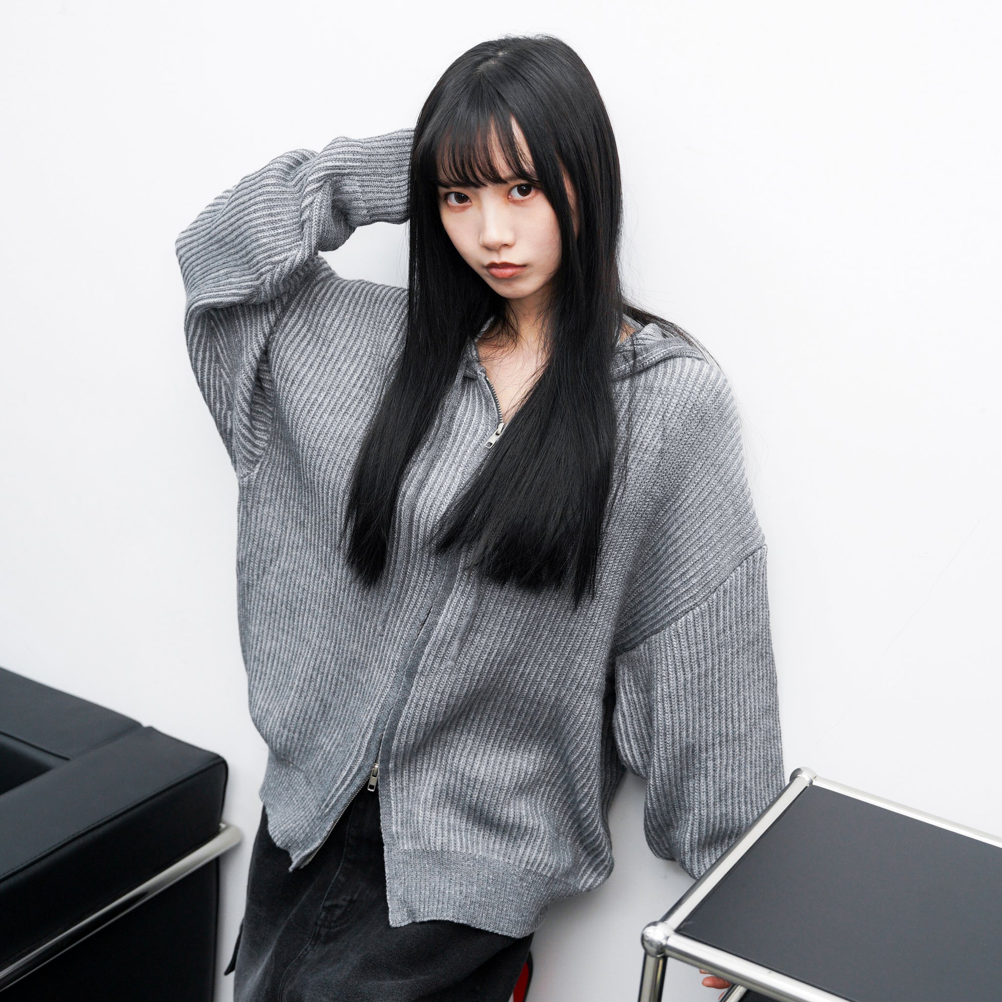 [UNISEX] 2WAY ZIP-UP KNIT HOODIE/ 2色