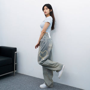 [極高腰] HEART GRAFFITI VINTAGE DENIM PANTS/ 2色