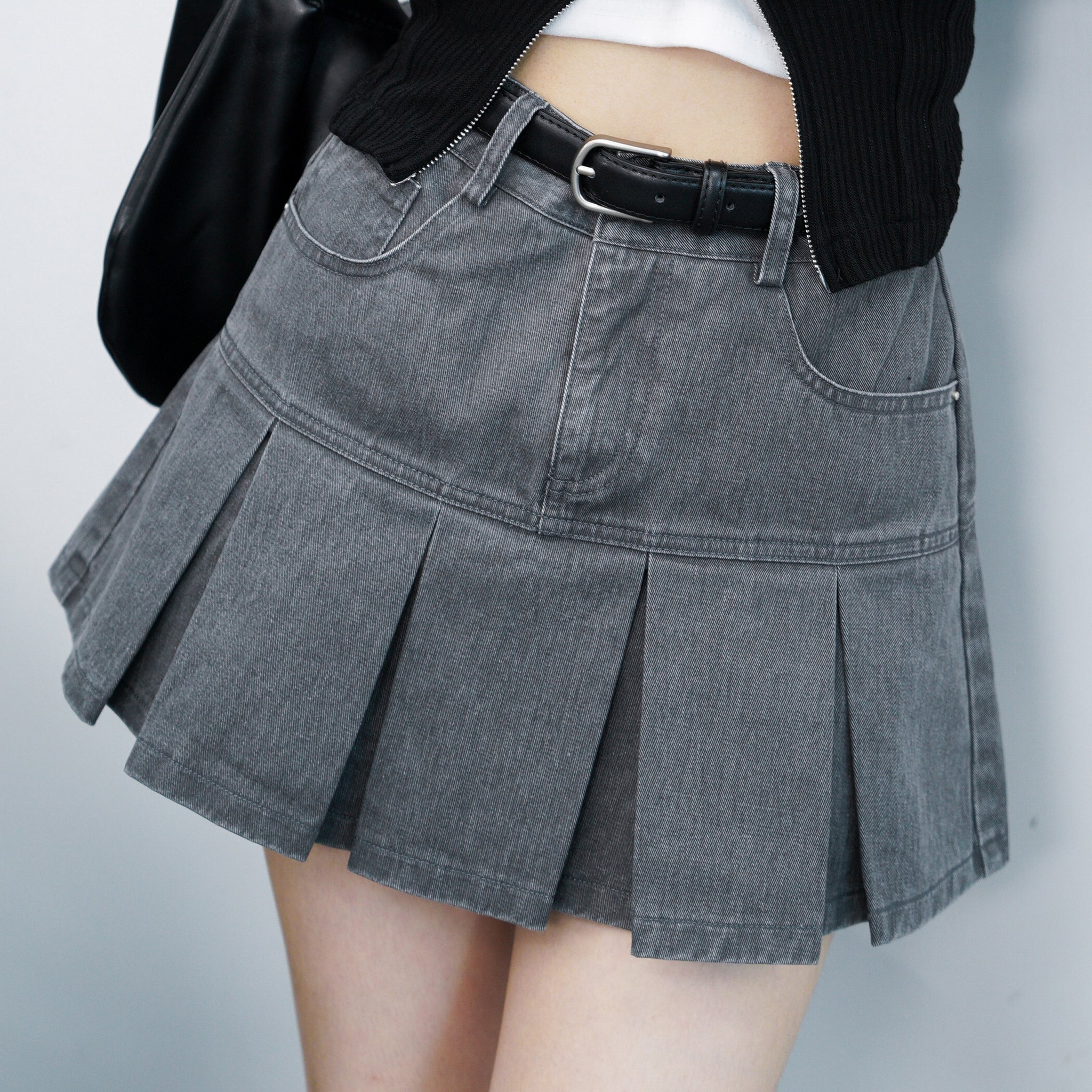 [BEST] PIGMENT PLEATED MINI SKIRT BELT SET/ 3色