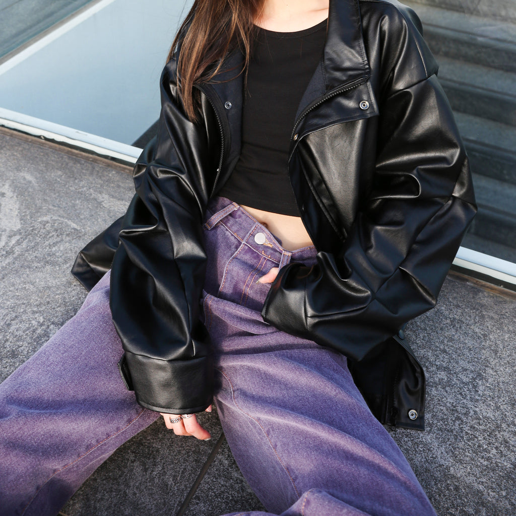 [UNISEX] 啪啪鈕Street Style Pin-tuck Leather Jacket/ 1色