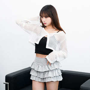 [HOT] BUTTON NET CARDIGAN/ 2色