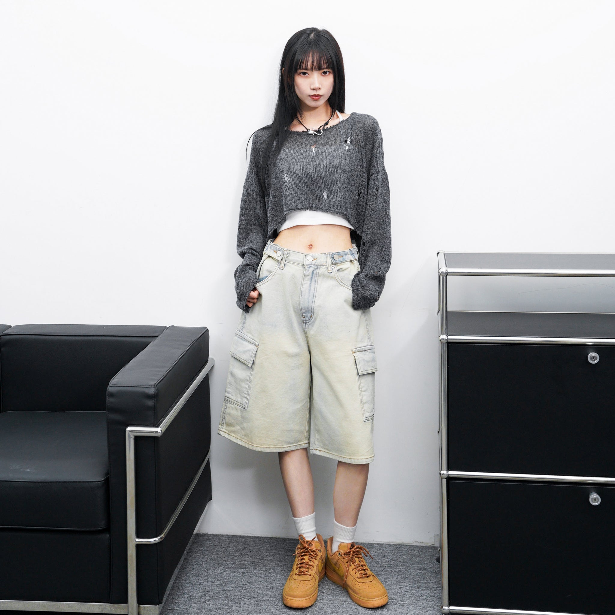 [BEST] BUTTONED CARGO BERMUDA DENIM PANTS/ 2色