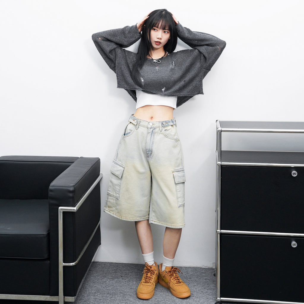 [BEST] BUTTONED CARGO BERMUDA DENIM PANTS/ 2色