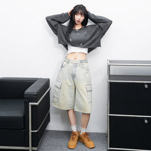 [BEST] BUTTONED CARGO BERMUDA DENIM PANTS/ 2色
