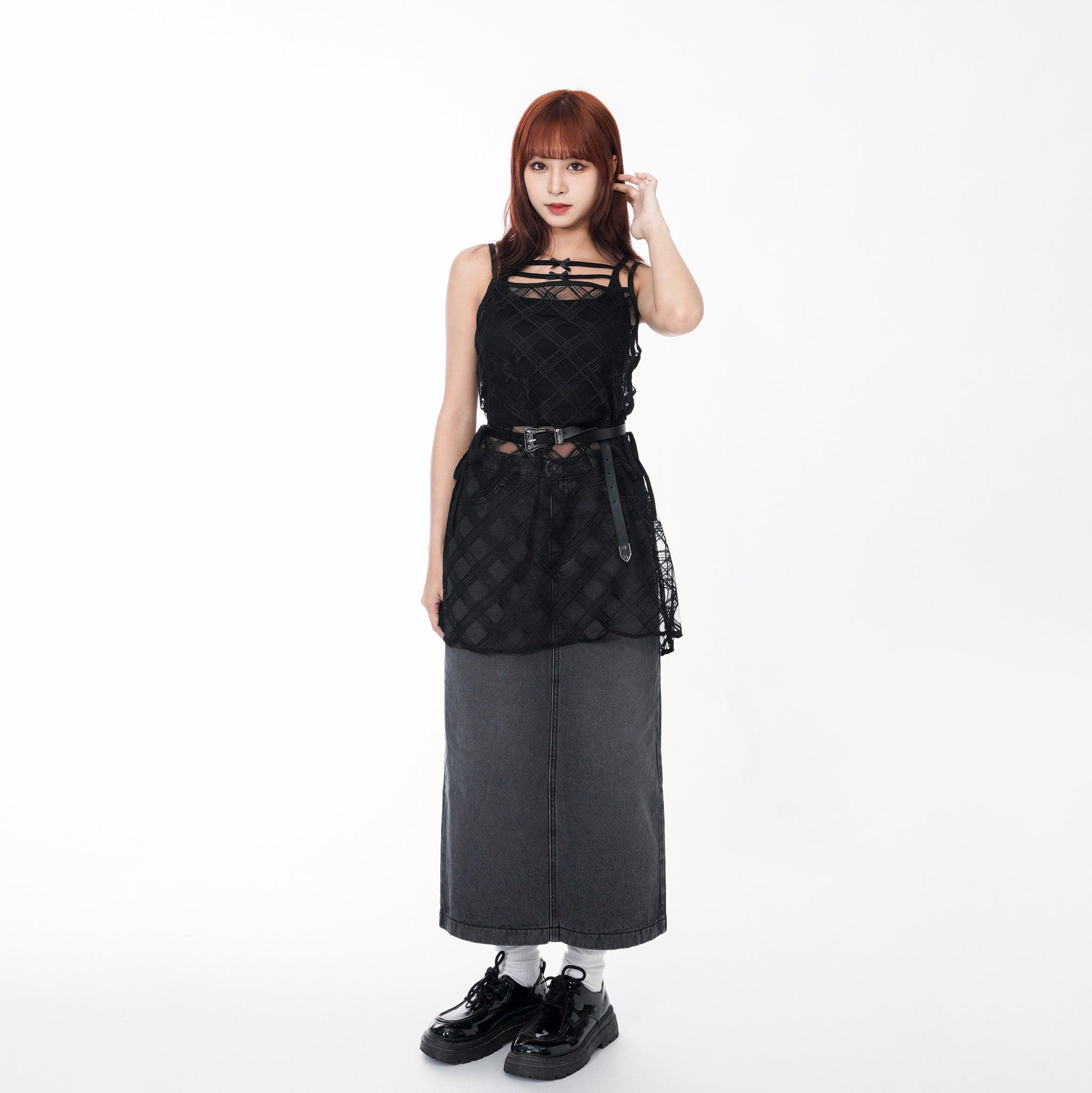 [BEST] 格網透明感SHIRRING NASHI ONE-PIECE/ 2色