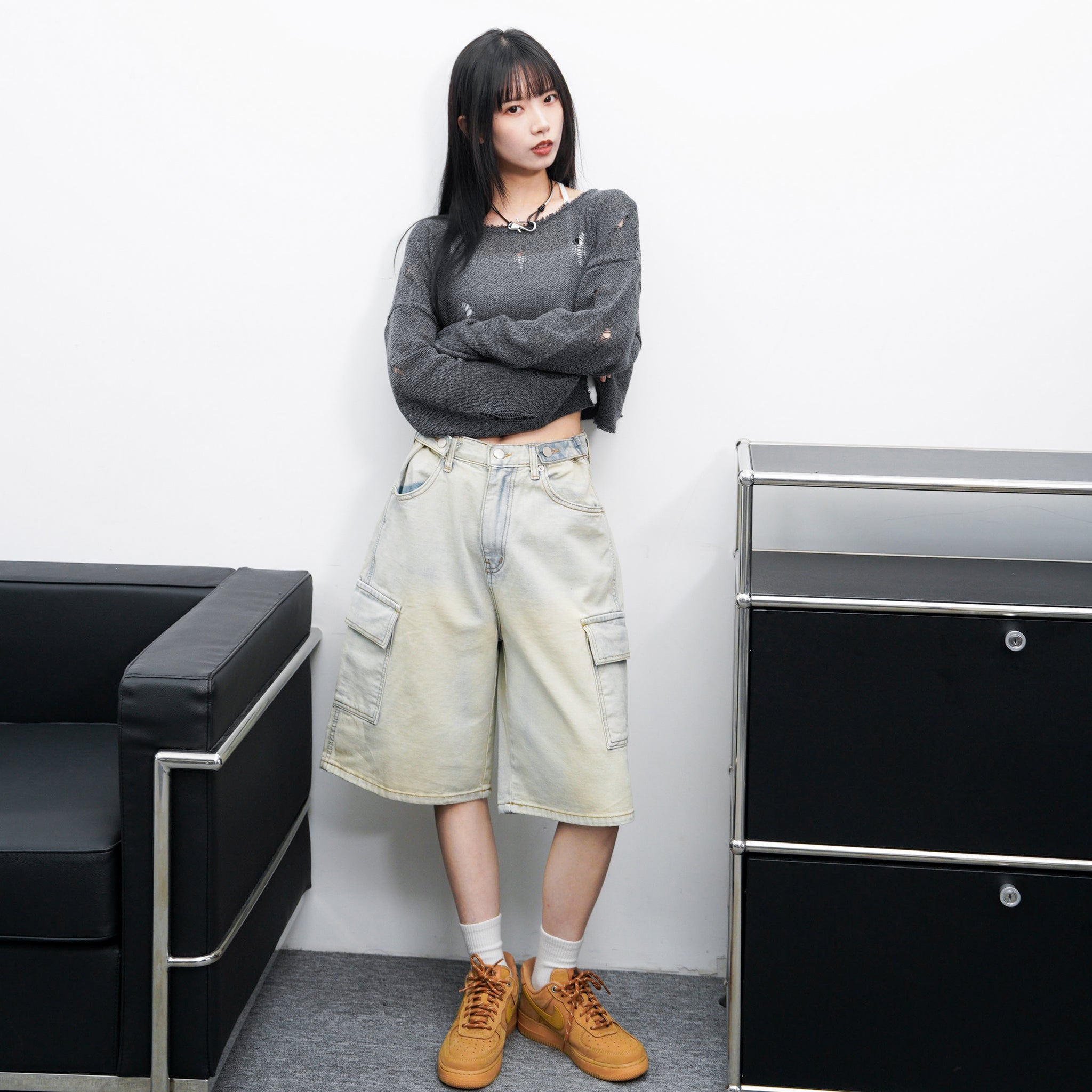 [BEST] BUTTONED CARGO BERMUDA DENIM PANTS/ 2色