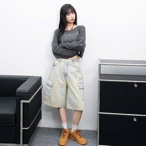 [BEST] BUTTONED CARGO BERMUDA DENIM PANTS/ 2色