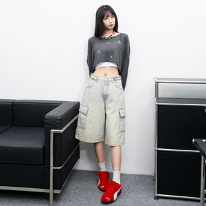 [BEST] BUTTONED CARGO BERMUDA DENIM PANTS/ 2色