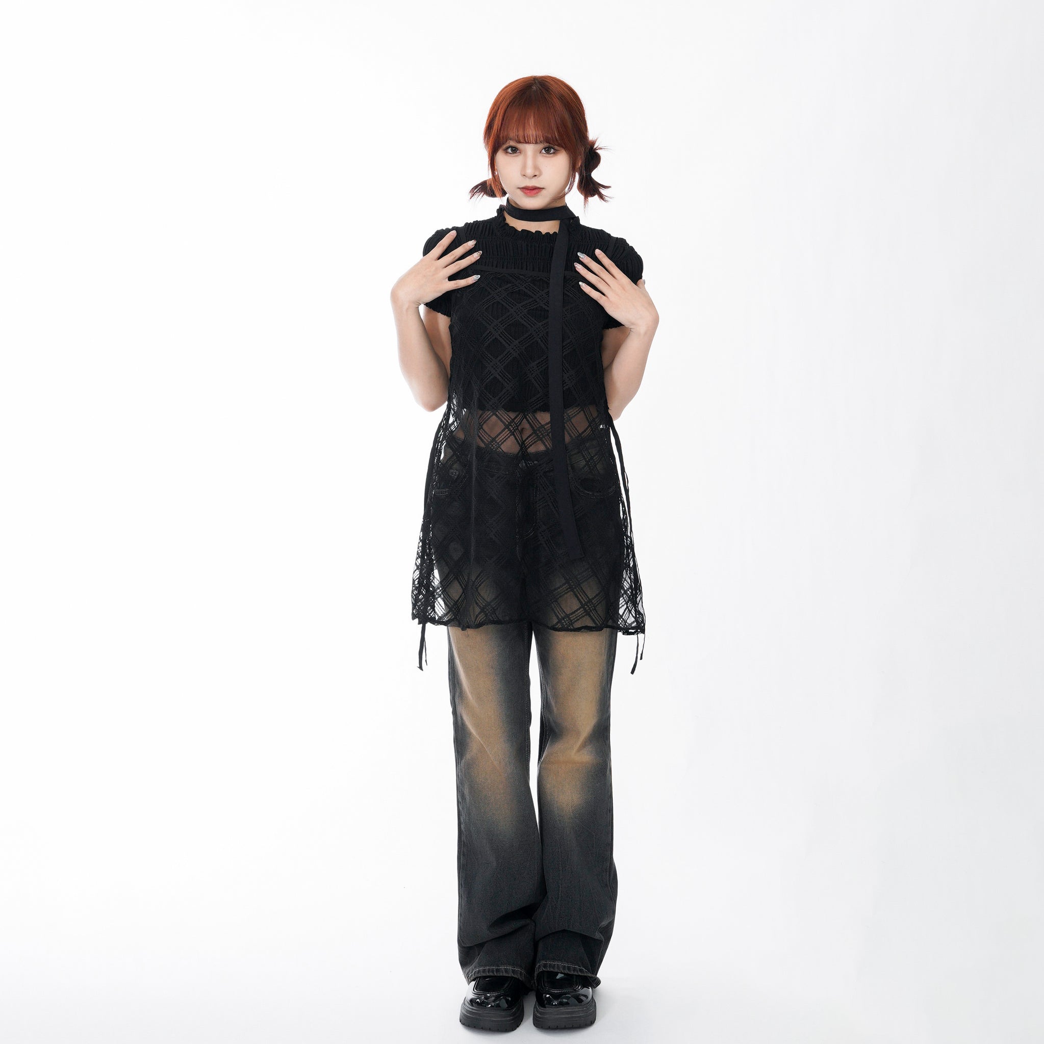 [BEST] 格網透明感SHIRRING NASHI ONE-PIECE/ 2色