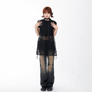 [BEST] 格網透明感SHIRRING NASHI ONE-PIECE/ 2色