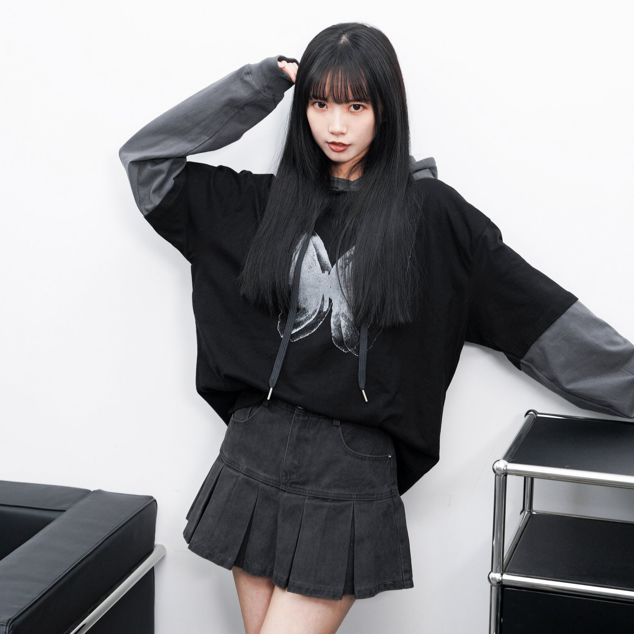 [UNISEX] 假兩件拼袖BUTTERFLY HOODED LONG SLEEVE/ 1色