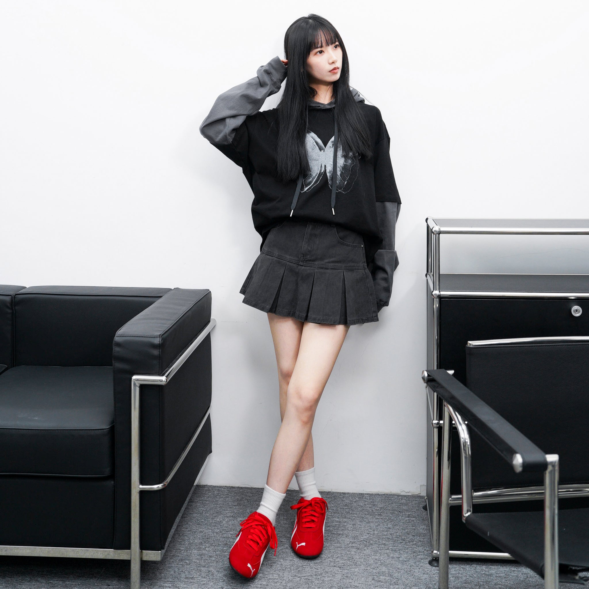 [UNISEX] 假兩件拼袖BUTTERFLY HOODED LONG SLEEVE/ 1色
