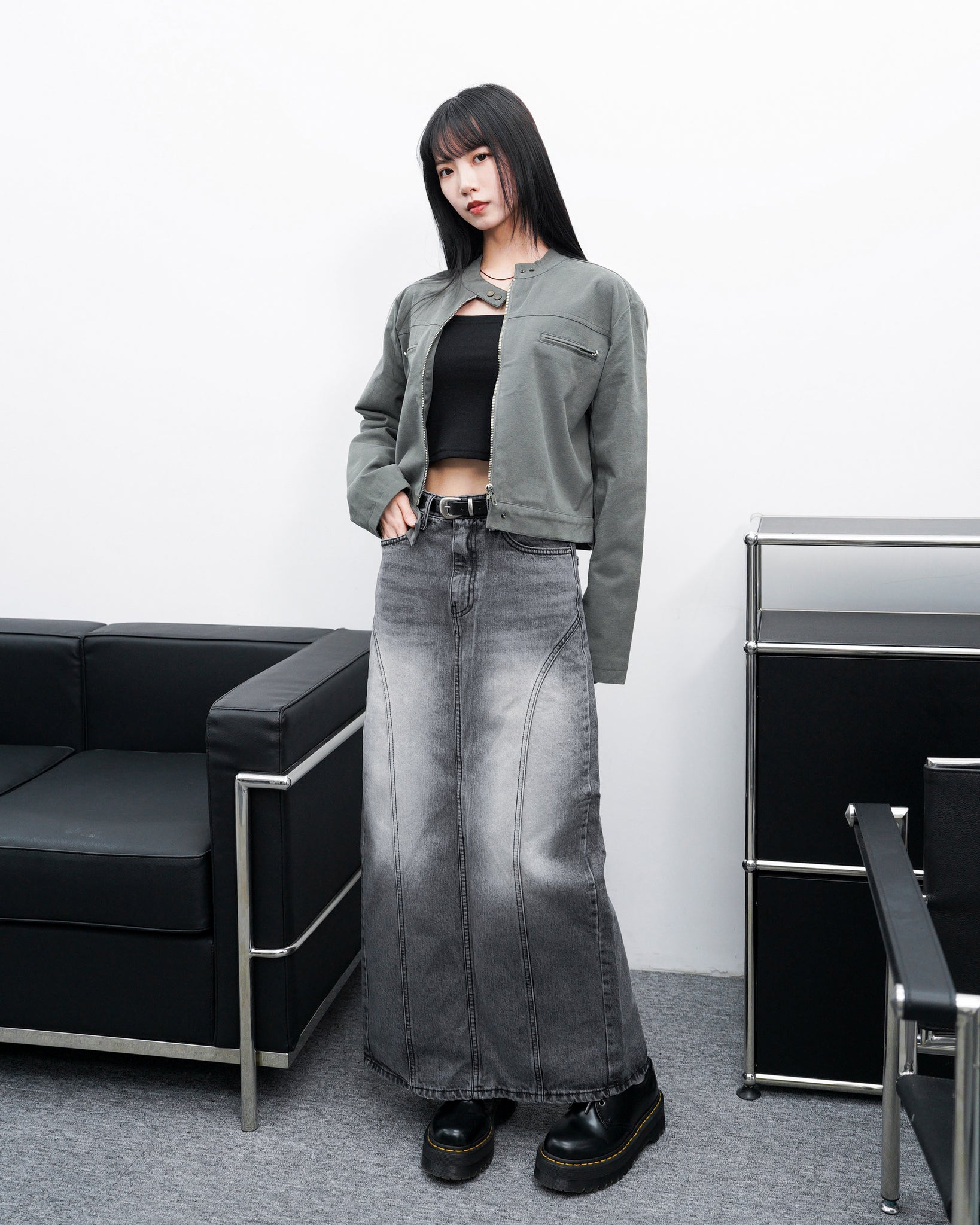 [高個子] FLARE LIGHT GREY DENIM LONG SKIRT/ 1色