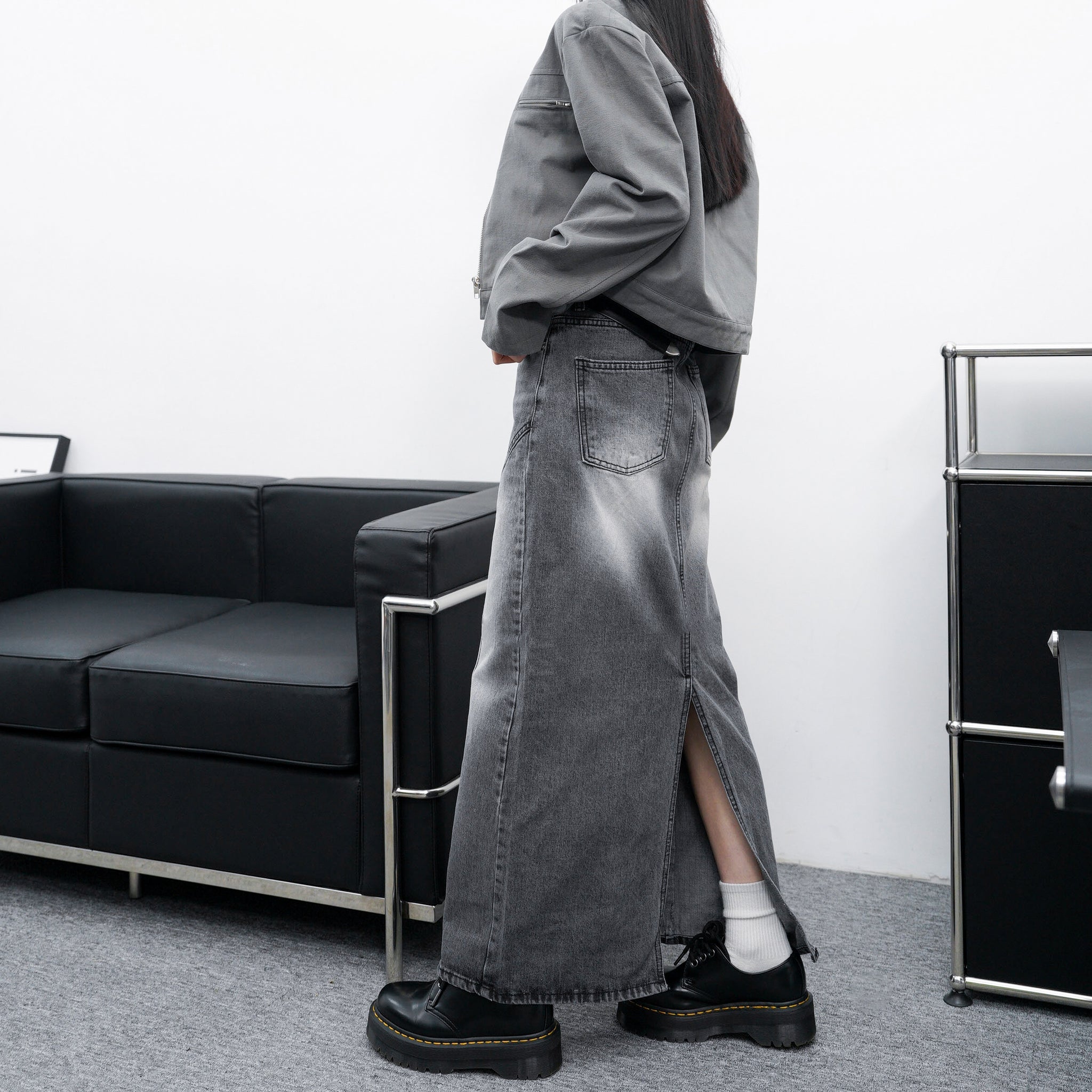 [高個子] FLARE LIGHT GREY DENIM LONG SKIRT/ 1色