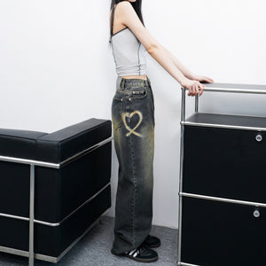 [極高腰] HEART GRAFFITI VINTAGE DENIM PANTS/ 2色