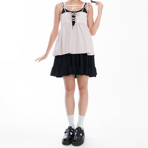 WRINKLE RIBBON STRAP SLEEVELESS DRESS/ 2色