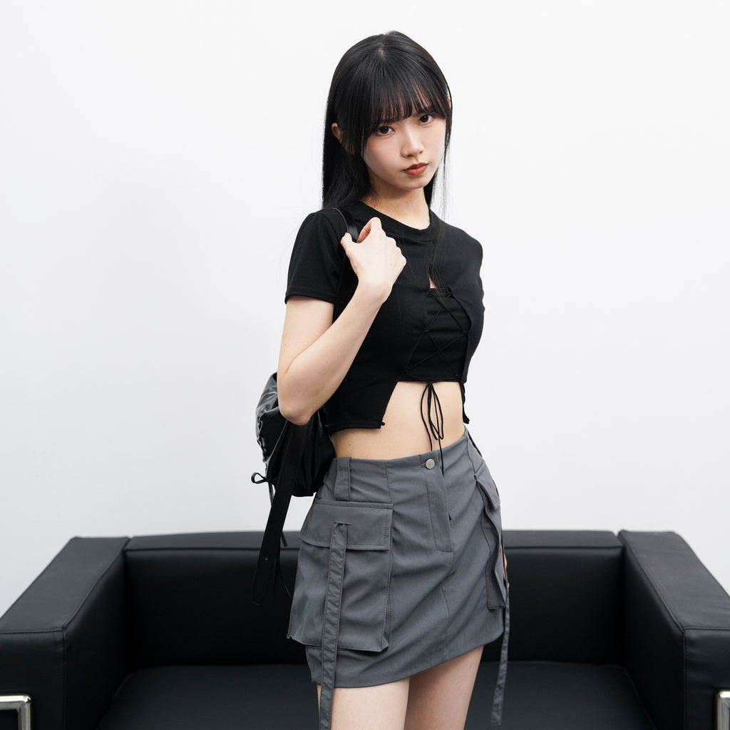 [HOT] 2WAY XOX STRING CROP TEE/ 1色