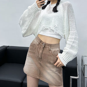 Brown Washed Denim Skirt/ 1色