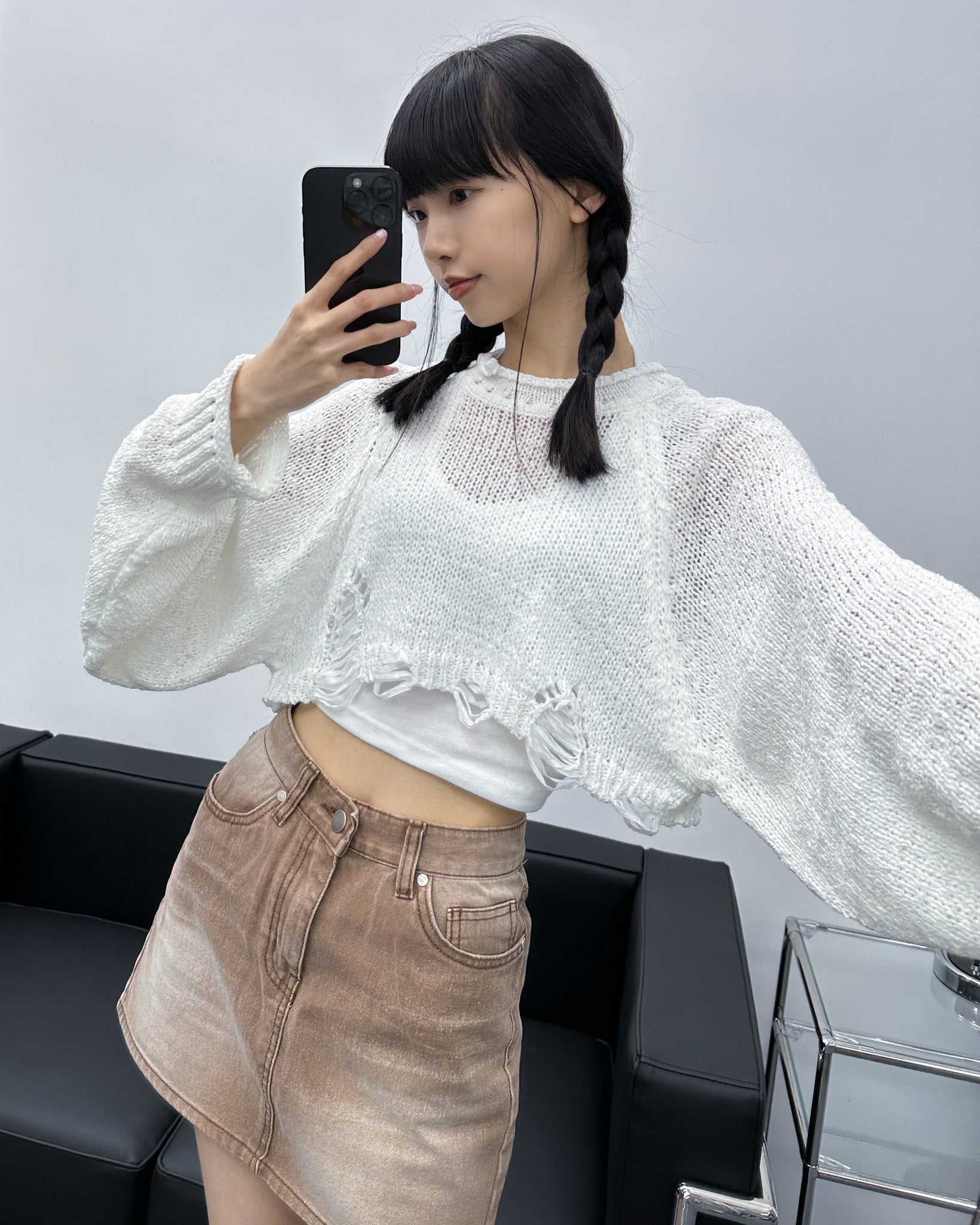 Brown Washed Denim Skirt/ 1色